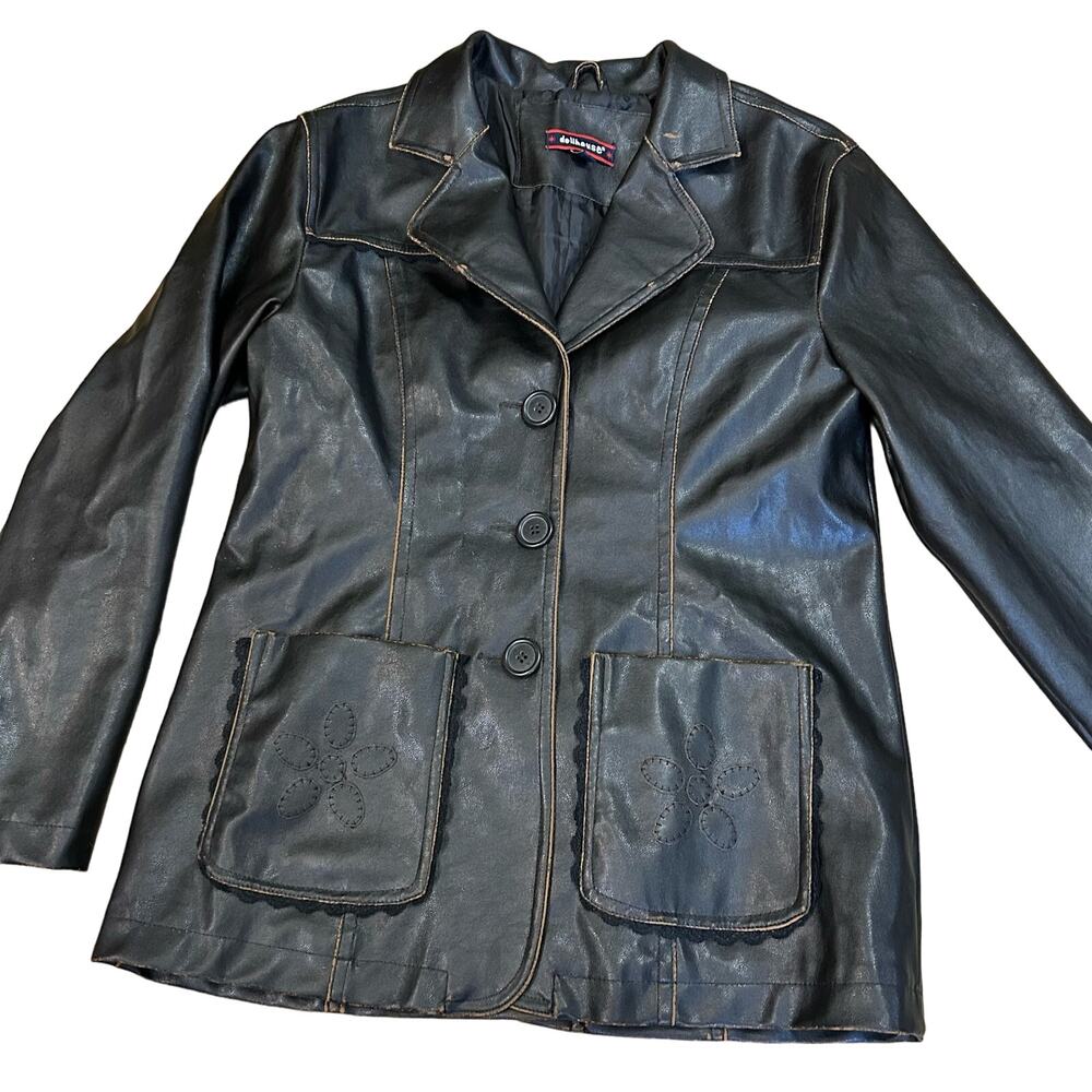 Y2K 90s Faux Leather Brown Pleather Jacket Boho Hippie Flower Lace Distressed